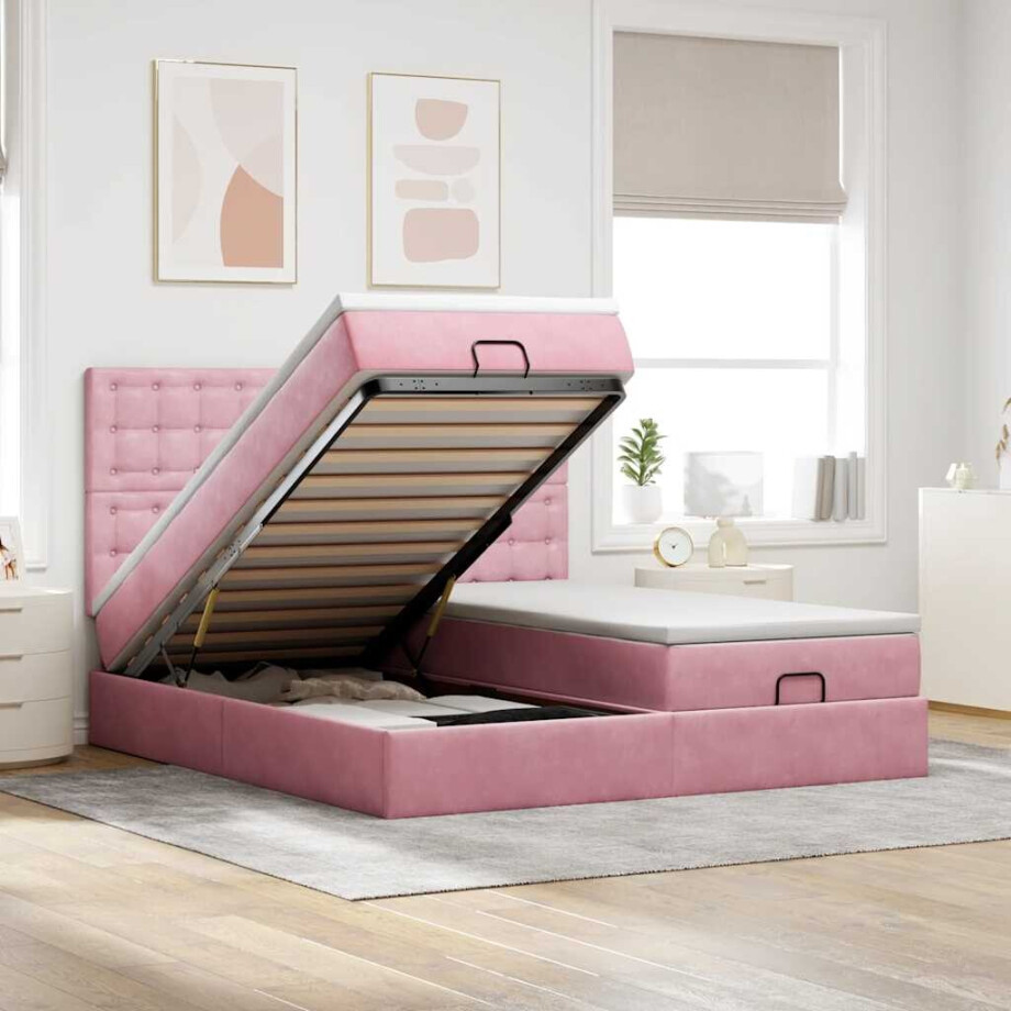 vidaXL Ottoman bed met matrassen en LED's 160x200cm fluweel roze afbeelding 1