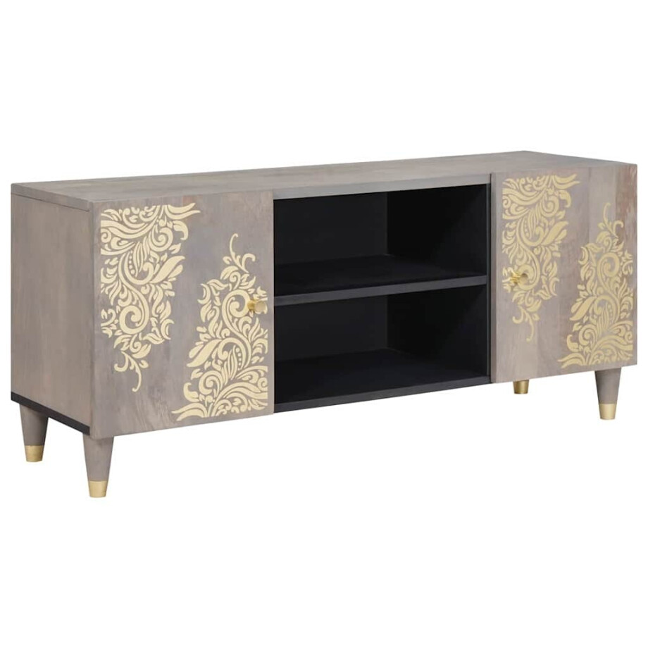 vidaXL TV-kast Grijs en Goud 105 x 33.5 x 46 cm Massief mangohout afbeelding 1