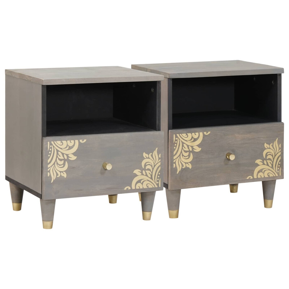 vidaXL Nachtkastje 2 pcs Grijs 40 x 33 x 46 cm Massief Mango Hout afbeelding 1