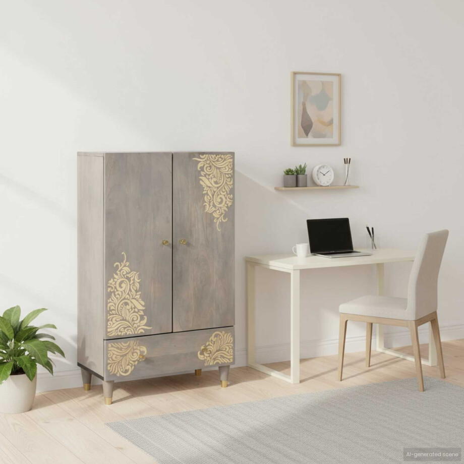 vidaXL Hoge kast Grijs en Goud 60 x 33 x 100 cm Massief Mango Hout afbeelding 1
