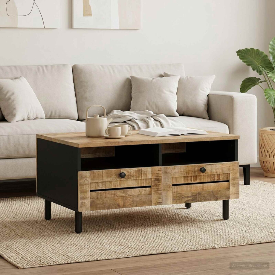 vidaXL Salontafel Bruin en zwart 80 x 54 x 40 cm Massief Mango Hout afbeelding 1