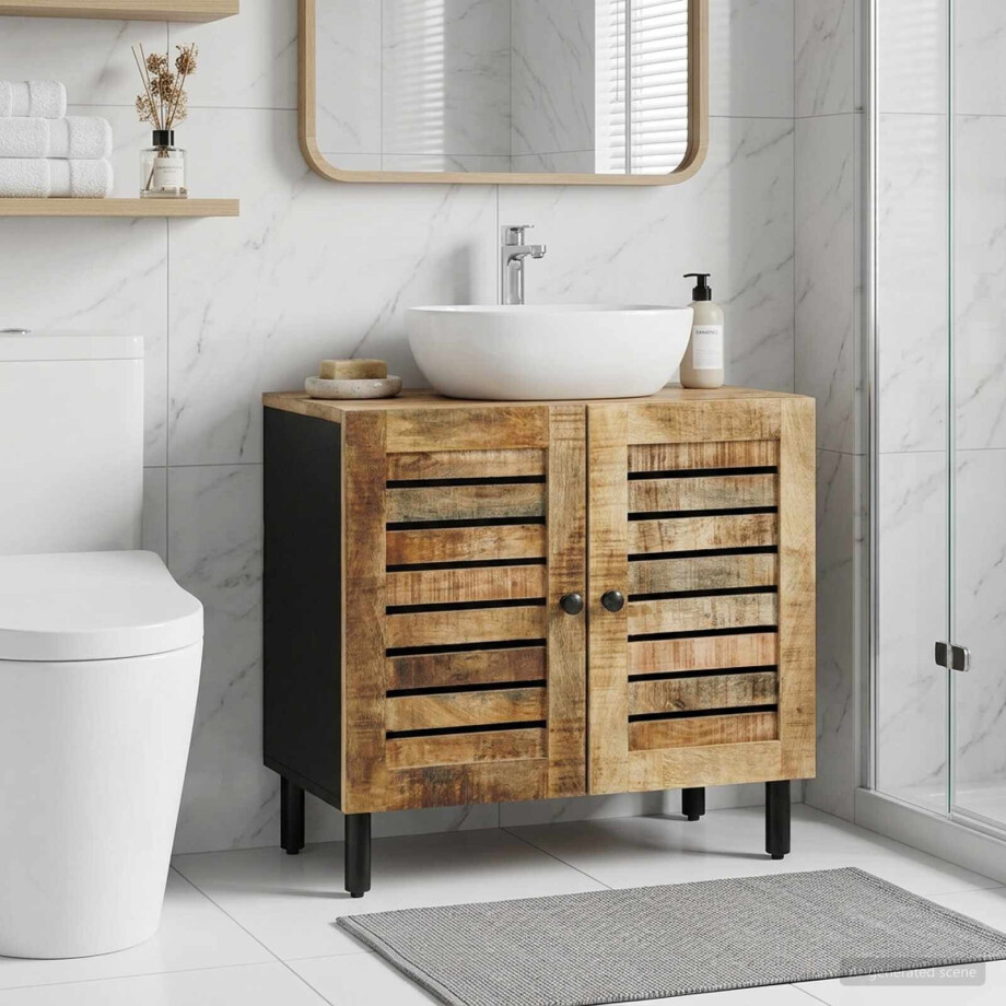 vidaXL Wastafelkast Bruin en zwart 62 x 33 x 58 cm Massief Mango Hout afbeelding 1