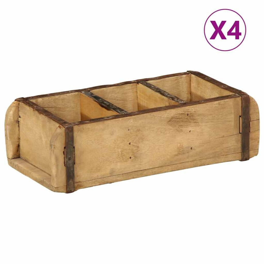 vidaXL Dienblad 4 pcs Bruin 30 x 14 x 9 cm Massief Gerecycled Hout afbeelding 1