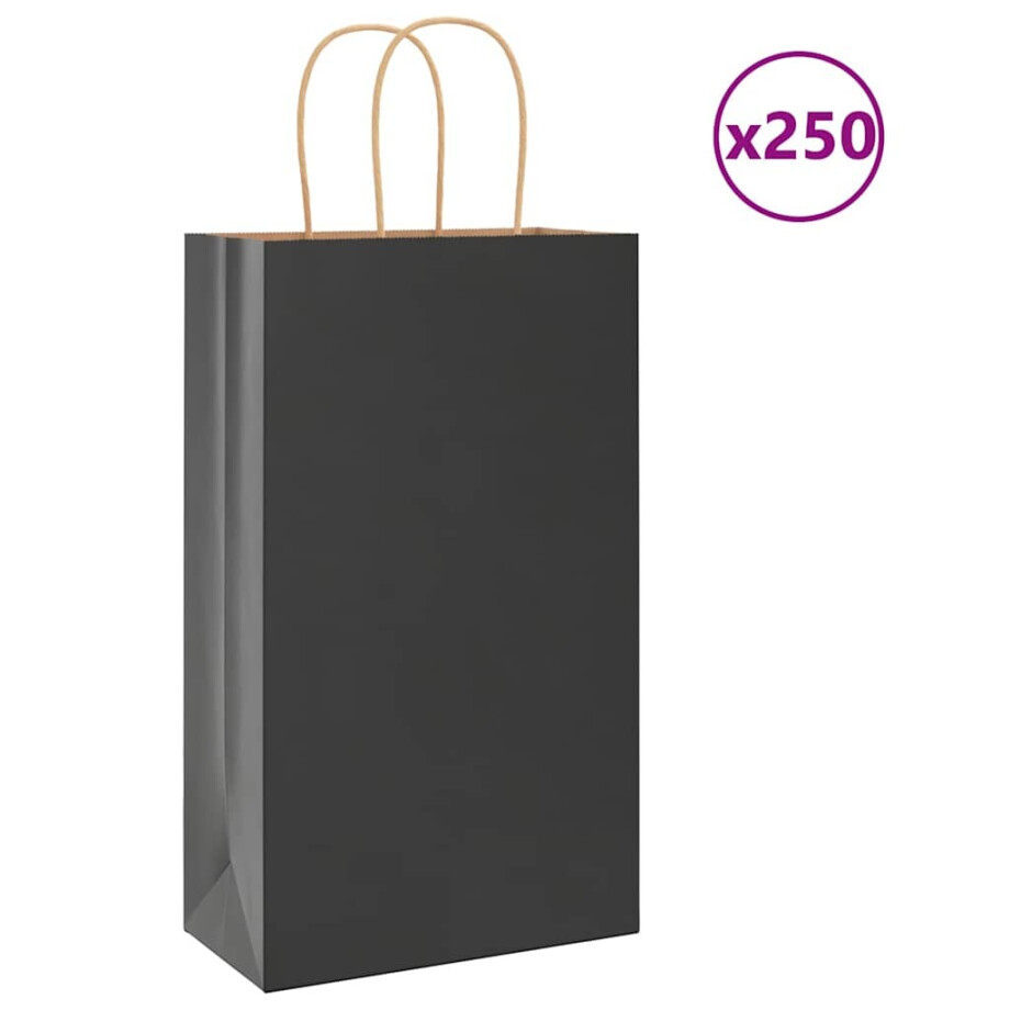vidaXL Papieren zakken 250 st met hengsels 21x11x36 cm zwart afbeelding 1