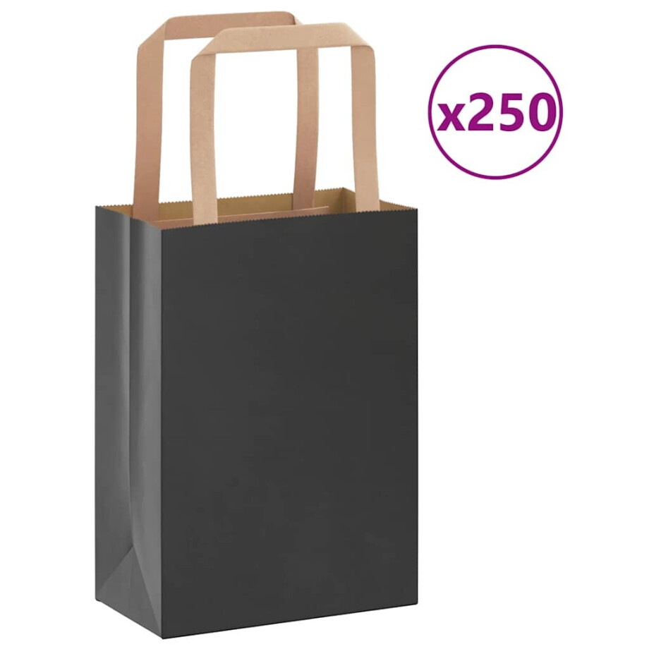 vidaXL Papieren zakken 250 st met hengsels 15x8x21 cm zwart afbeelding 1