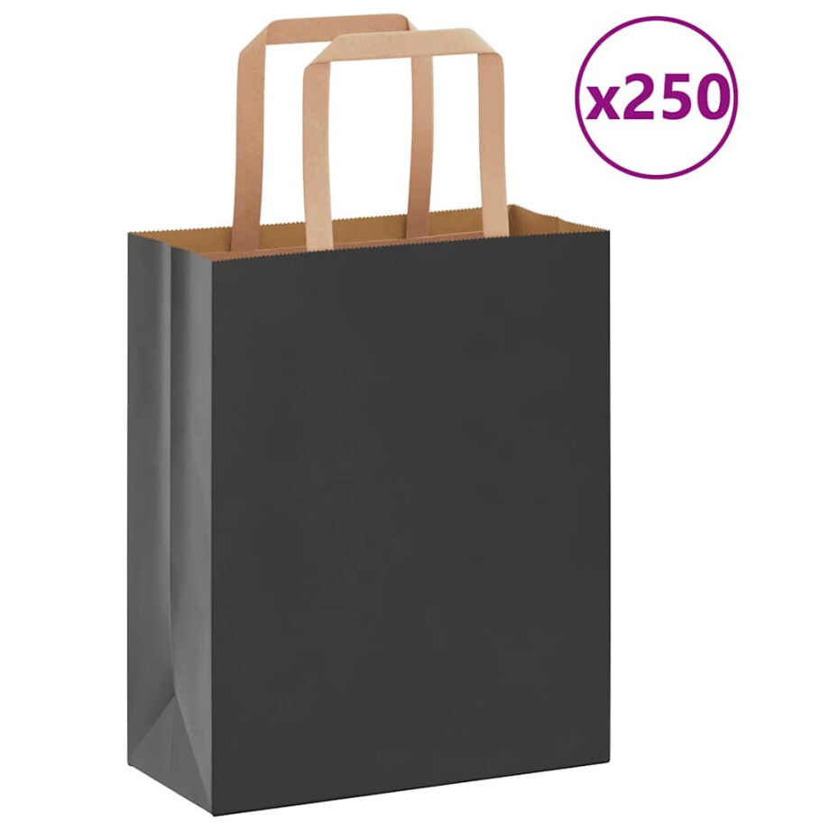 vidaXL Papieren zakken 250 st met hengsels 18x8x22 cm zwart afbeelding 1