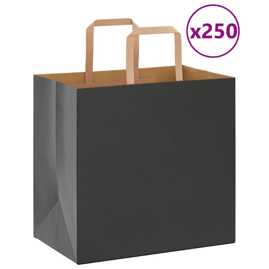 vidaXL Papieren kraftzakken 250 st met hengsels 26x17x25 cm zwart afbeelding 1