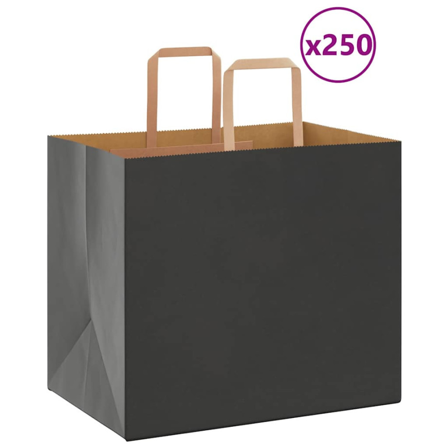 vidaXL Papieren kraftzakken 250 st met hengsels 32x22x28 cm zwart afbeelding 1