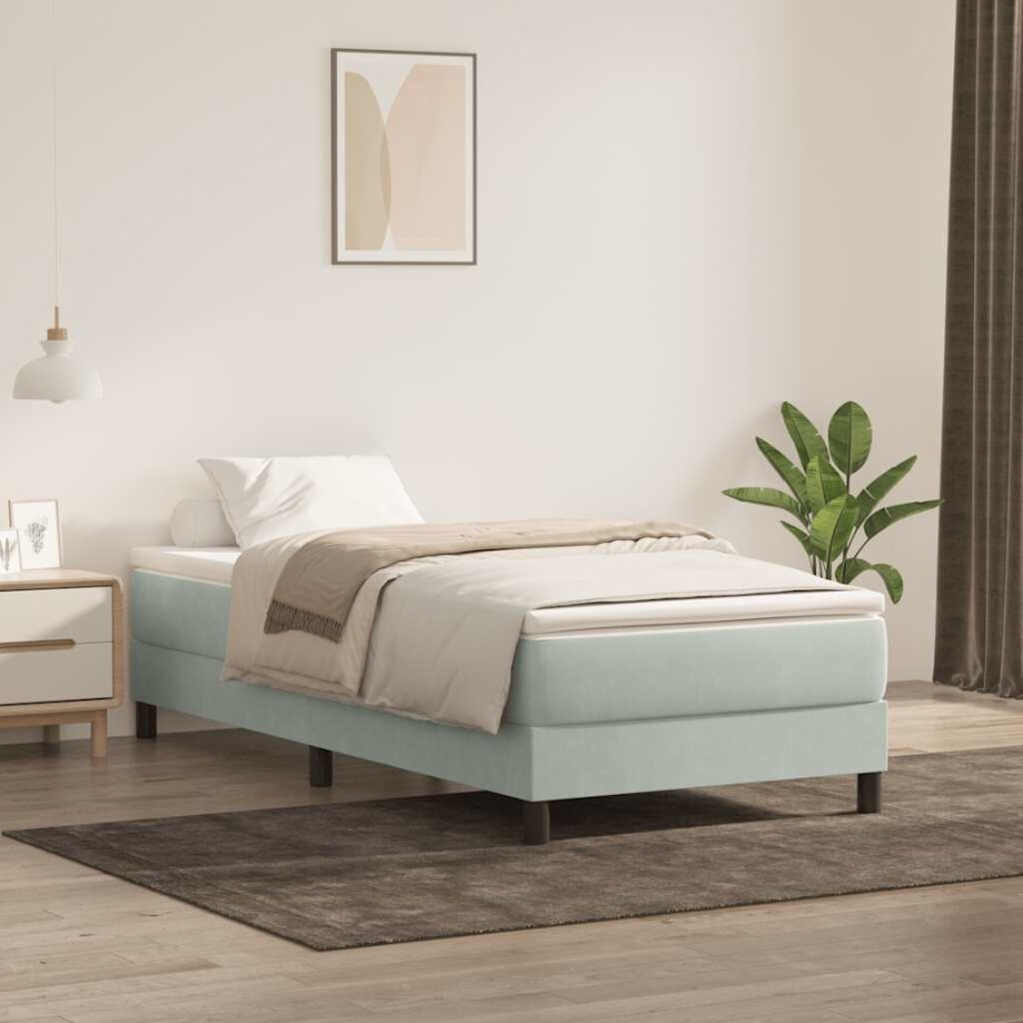 vidaXL Boxspring met matras fluweel lichtgrijs 90x210 cm afbeelding 1