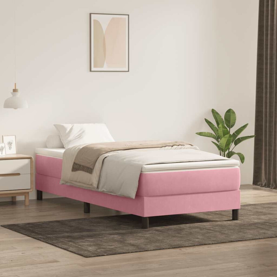 vidaXL Boxspring met matras fluweel roze 90x210 cm afbeelding 1