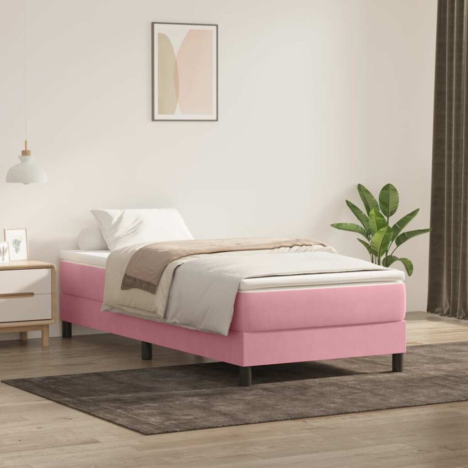 vidaXL Boxspring met matras fluweel roze 90x220 cm afbeelding 1