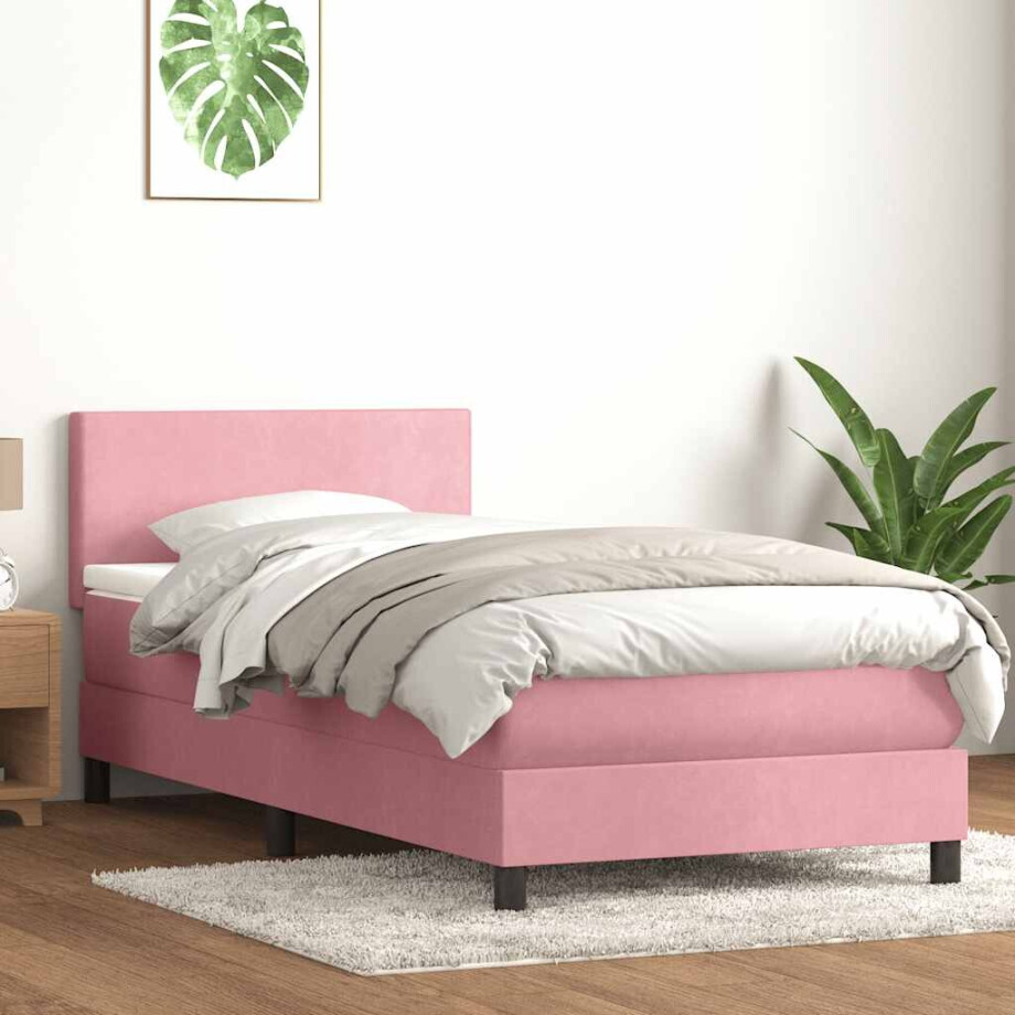 vidaXL Boxspring met matras fluweel roze 90x220 cm afbeelding 1
