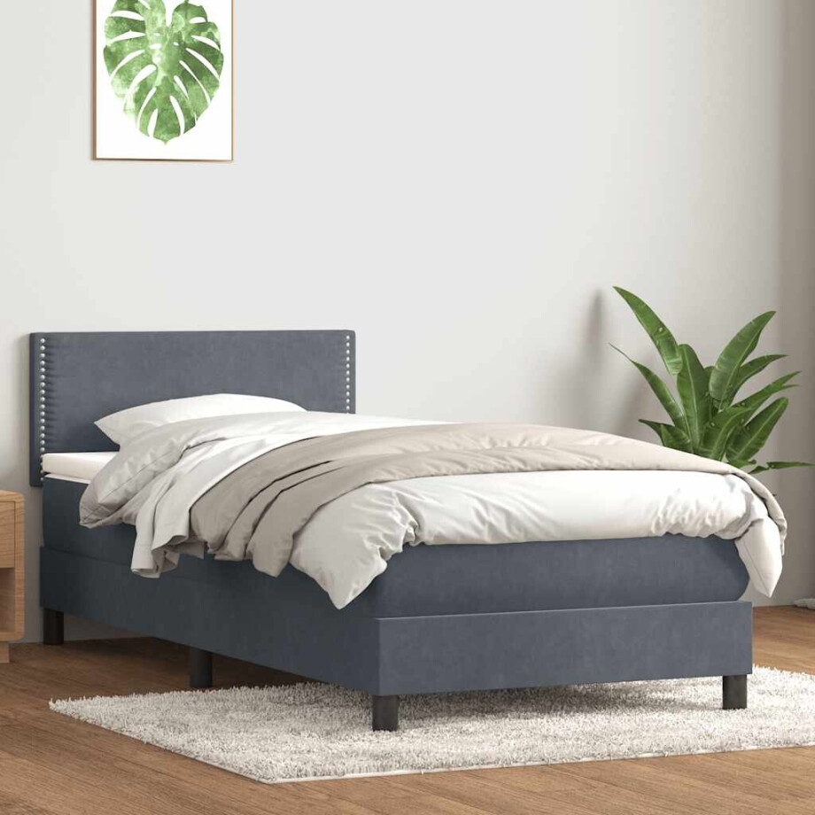 vidaXL Boxspring met matras fluweel donkergrijs 90x220 cm afbeelding 1
