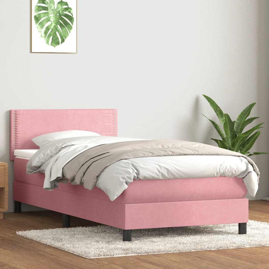 vidaXL Boxspring met matras fluweel roze 100x220 cm afbeelding 1