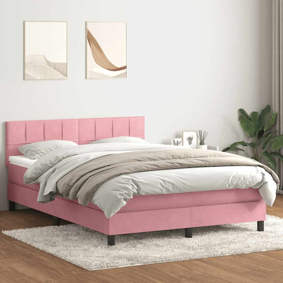 vidaXL Boxspring met matras fluweel roze 140x220 cm afbeelding 1