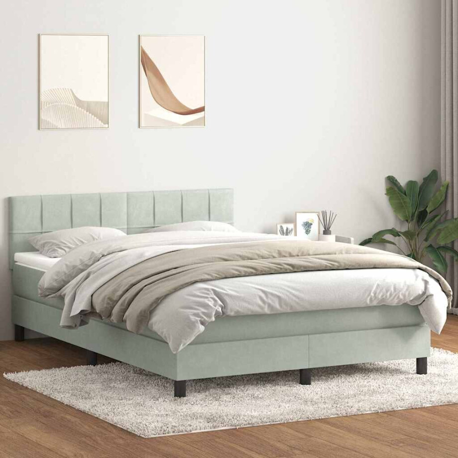 vidaXL Boxspring met matras fluweel lichtgrijs 160x220 cm afbeelding 1