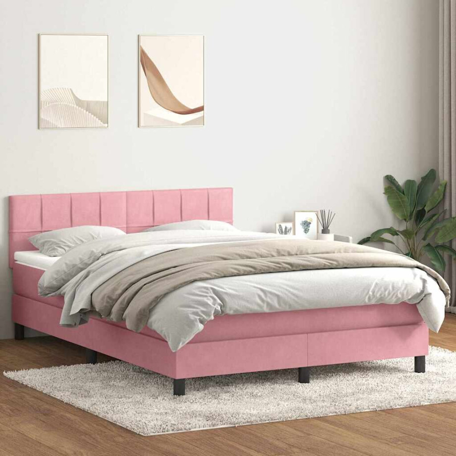 vidaXL Boxspring met matras fluweel roze 160x220 cm afbeelding 1