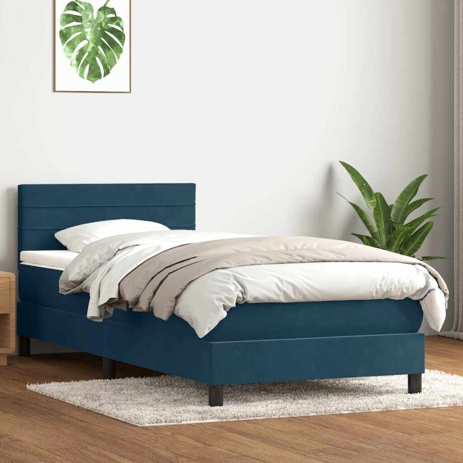vidaXL Boxspring met matras fluweel donkerblauw 80x220 cm afbeelding 1