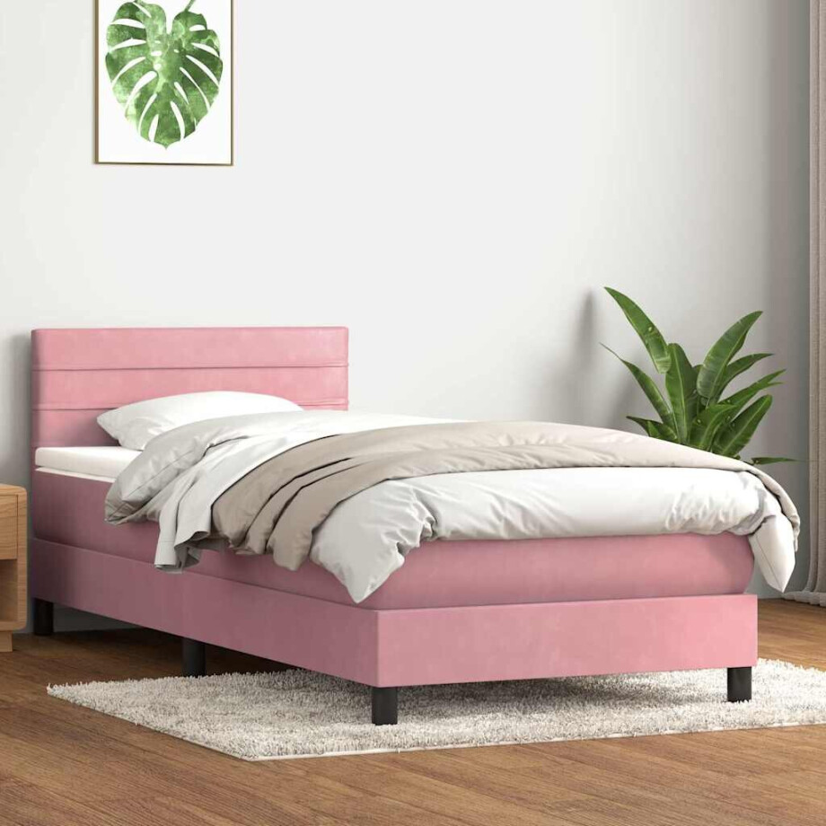 vidaXL Boxspring met matras fluweel roze 90x220 cm afbeelding 1