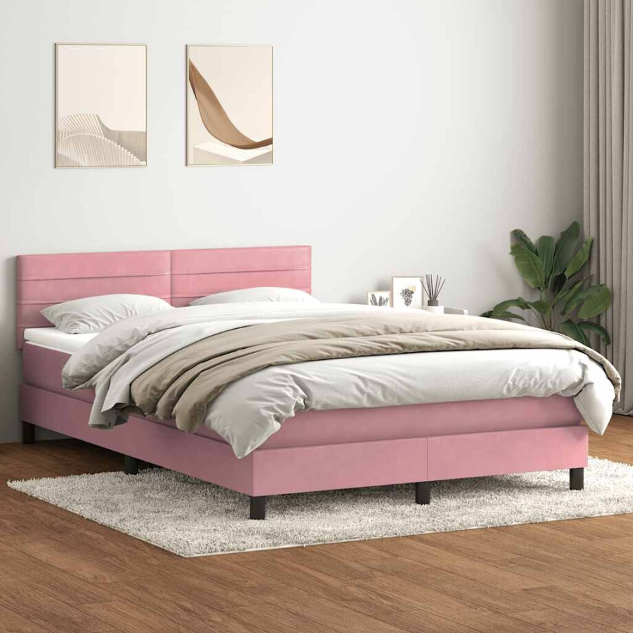 vidaXL Boxspring met matras fluweel roze 140x220 cm afbeelding 1