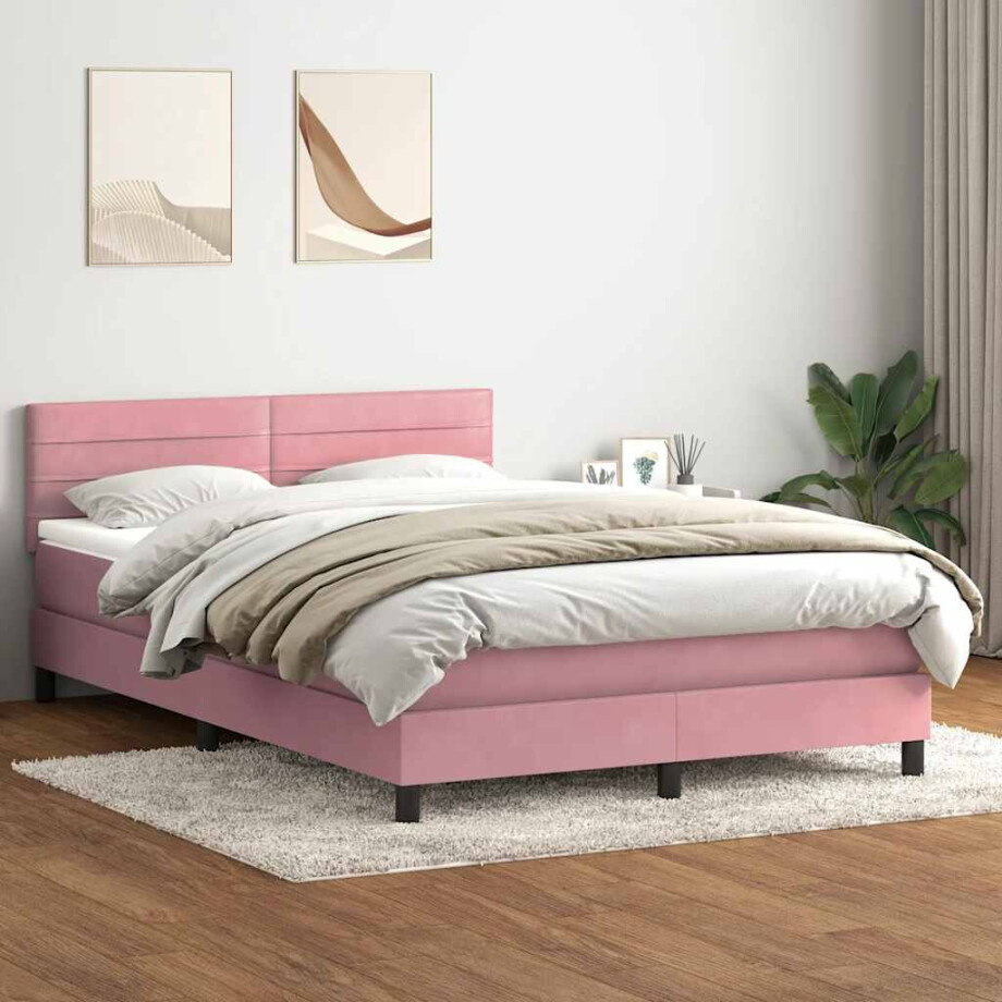 vidaXL Boxspring met matras fluweel roze 160x220 cm afbeelding 1