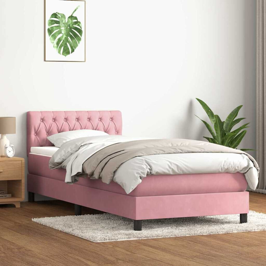 vidaXL Boxspring met matras fluweel roze 90x210 cm afbeelding 1