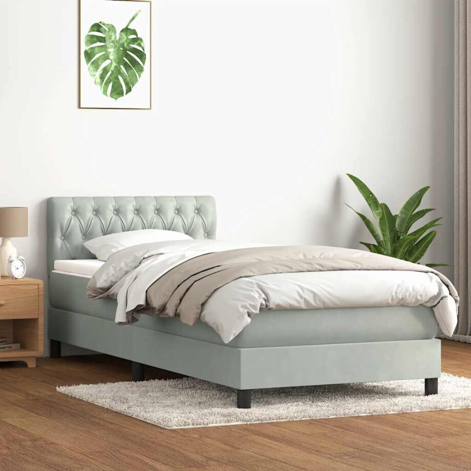 vidaXL Boxspring met matras fluweel lichtgrijs 80x220 cm afbeelding 1