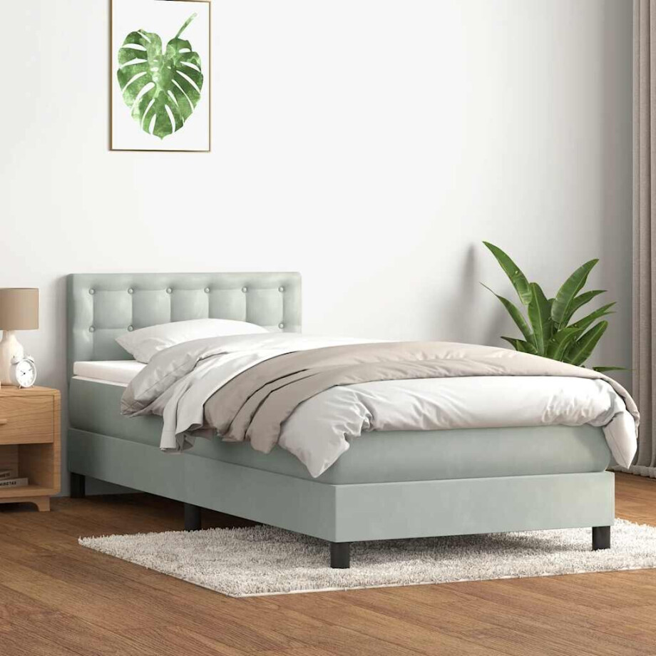 vidaXL Boxspring met matras fluweel lichtgrijs 80x220 cm afbeelding 1