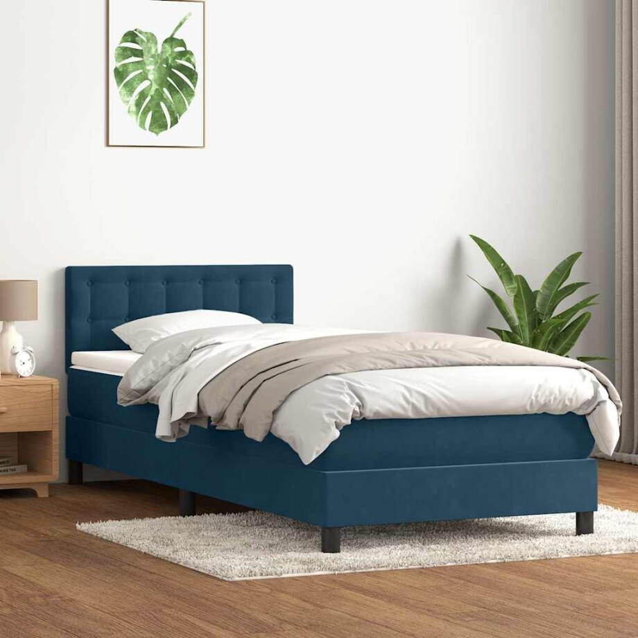 vidaXL Boxspring met matras fluweel donkerblauw 80x220 cm afbeelding 1