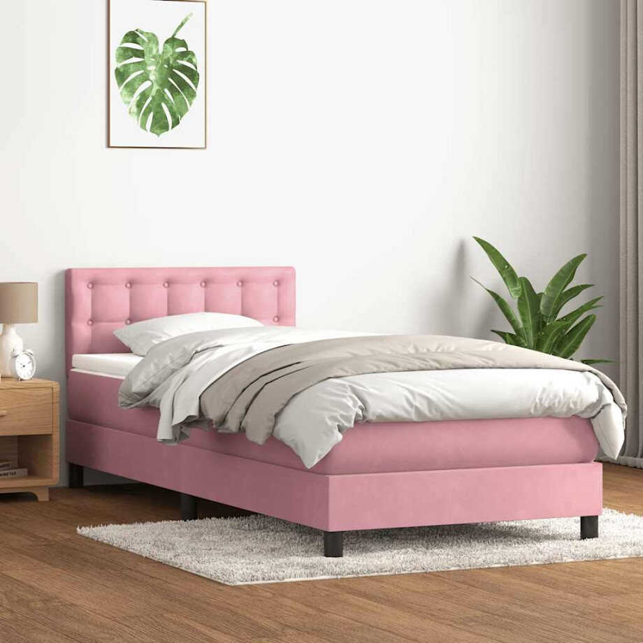 vidaXL Boxspring met matras fluweel roze 90x220 cm afbeelding 1