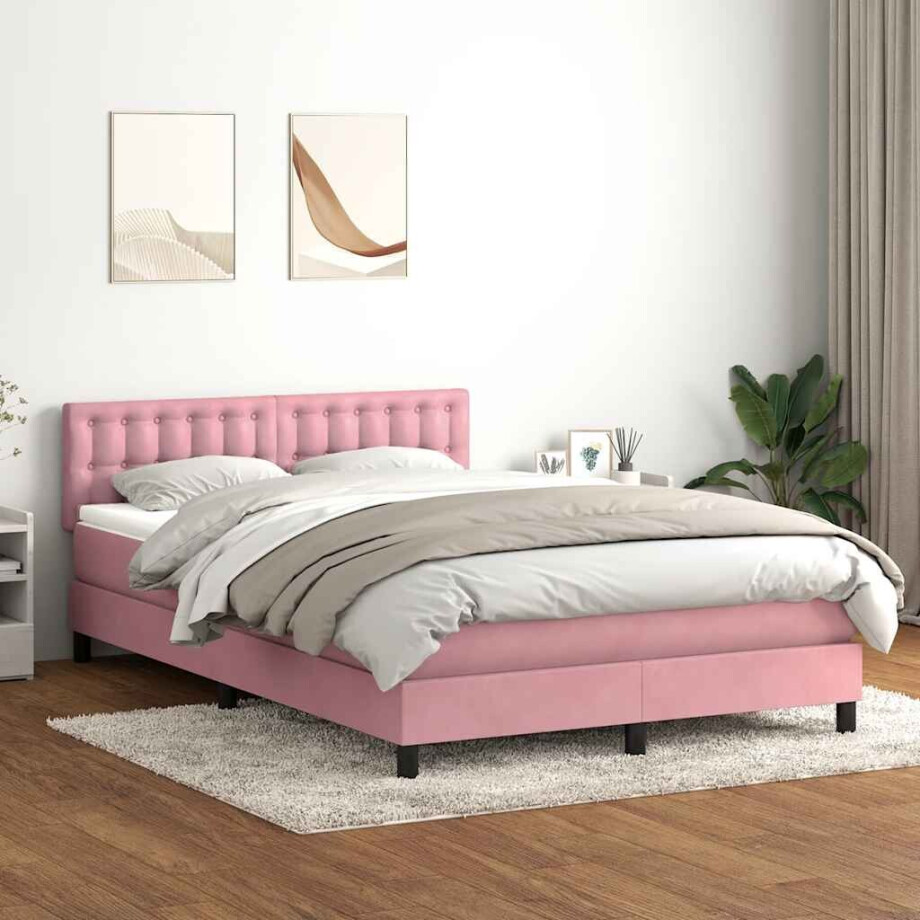 vidaXL Boxspring met matras fluweel roze 160x220 cm afbeelding 1
