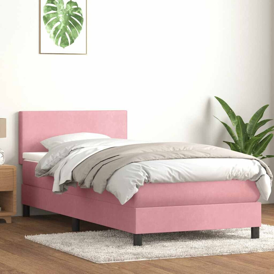 vidaXL Boxspring met matras en LED fluweel roze 80x220 cm afbeelding 1