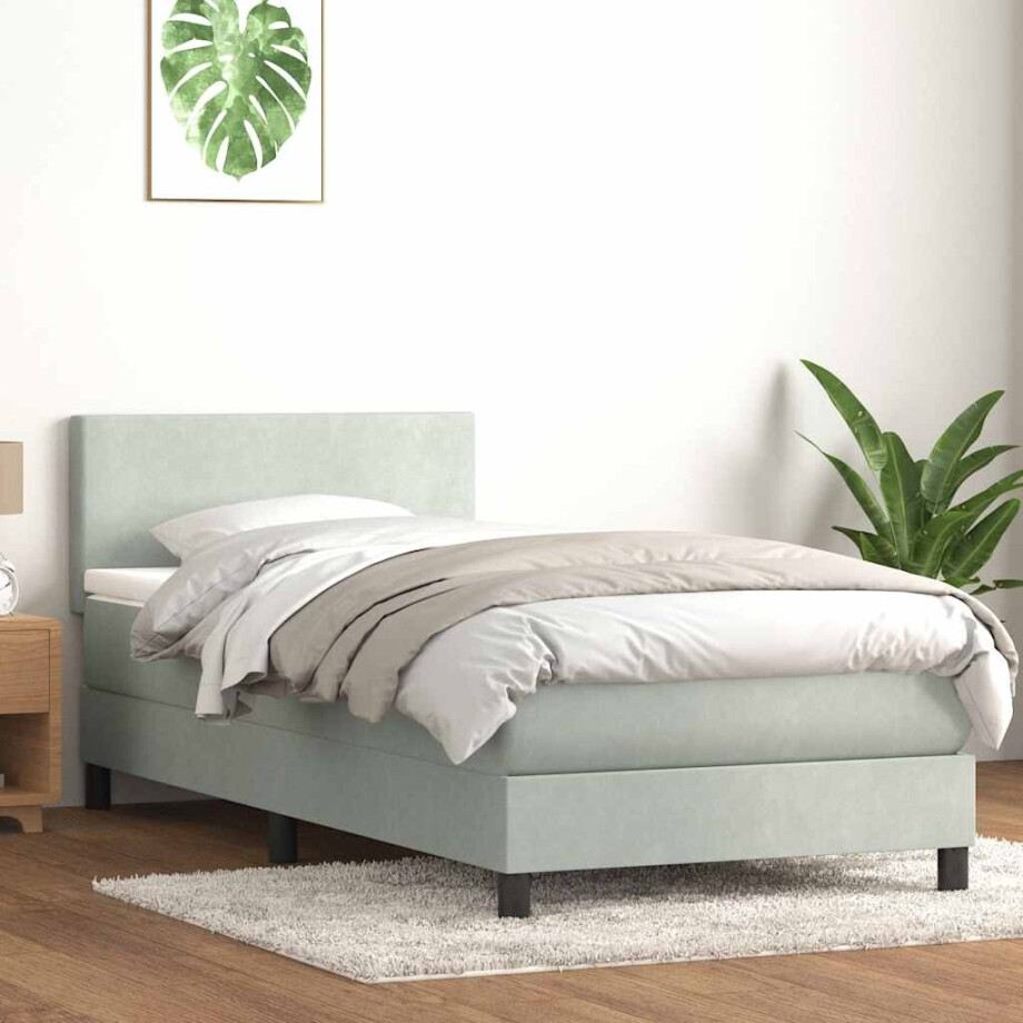 vidaXL Boxspring met matras en LED fluweel lichtgrijs 90x220 cm afbeelding 1
