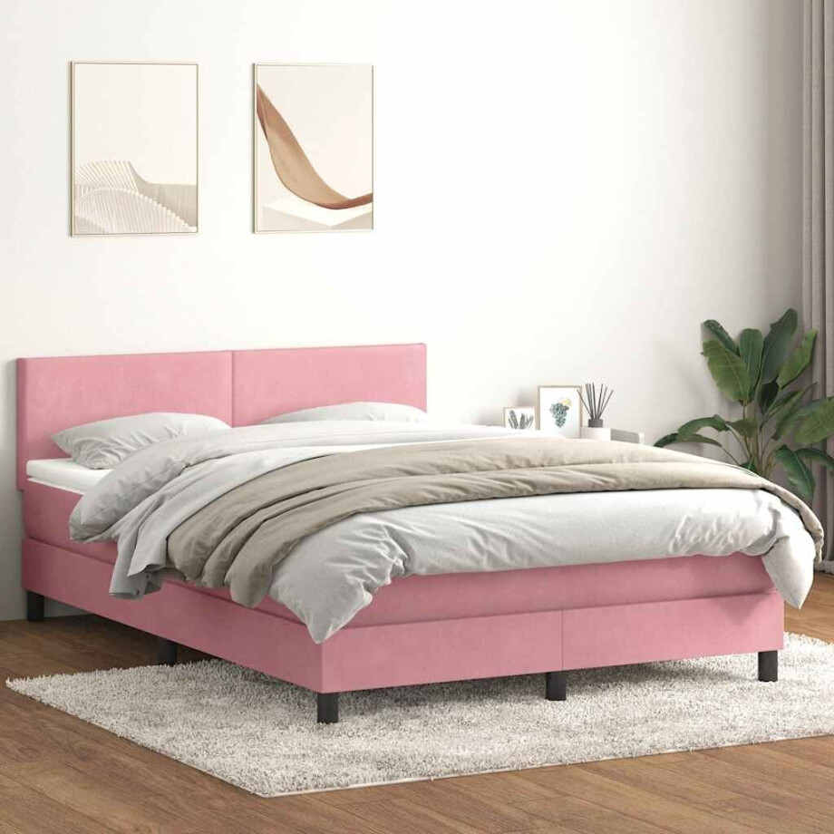 vidaXL Boxspring met matras en LED fluweel roze 160x220 cm afbeelding 1