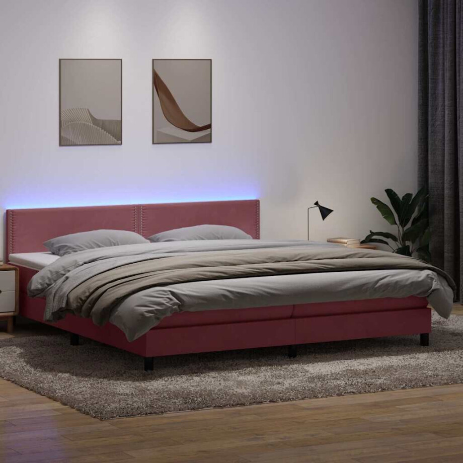 vidaXL Boxspring met matras en LED fluweel roze 180x210 cm afbeelding 1
