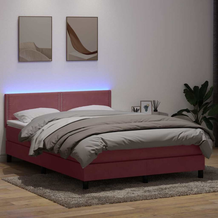 vidaXL Boxspring met matras en LED fluweel roze 160x220 cm vidaXL Boxspring met matras en LED fluweel roze 160x220 cm afbeelding 1