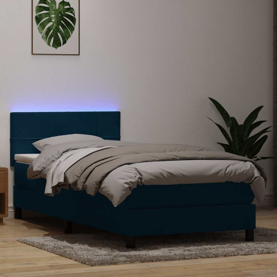vidaXL Boxspring met matras en LED fluweel donkerblauw 80x210 cm afbeelding 1