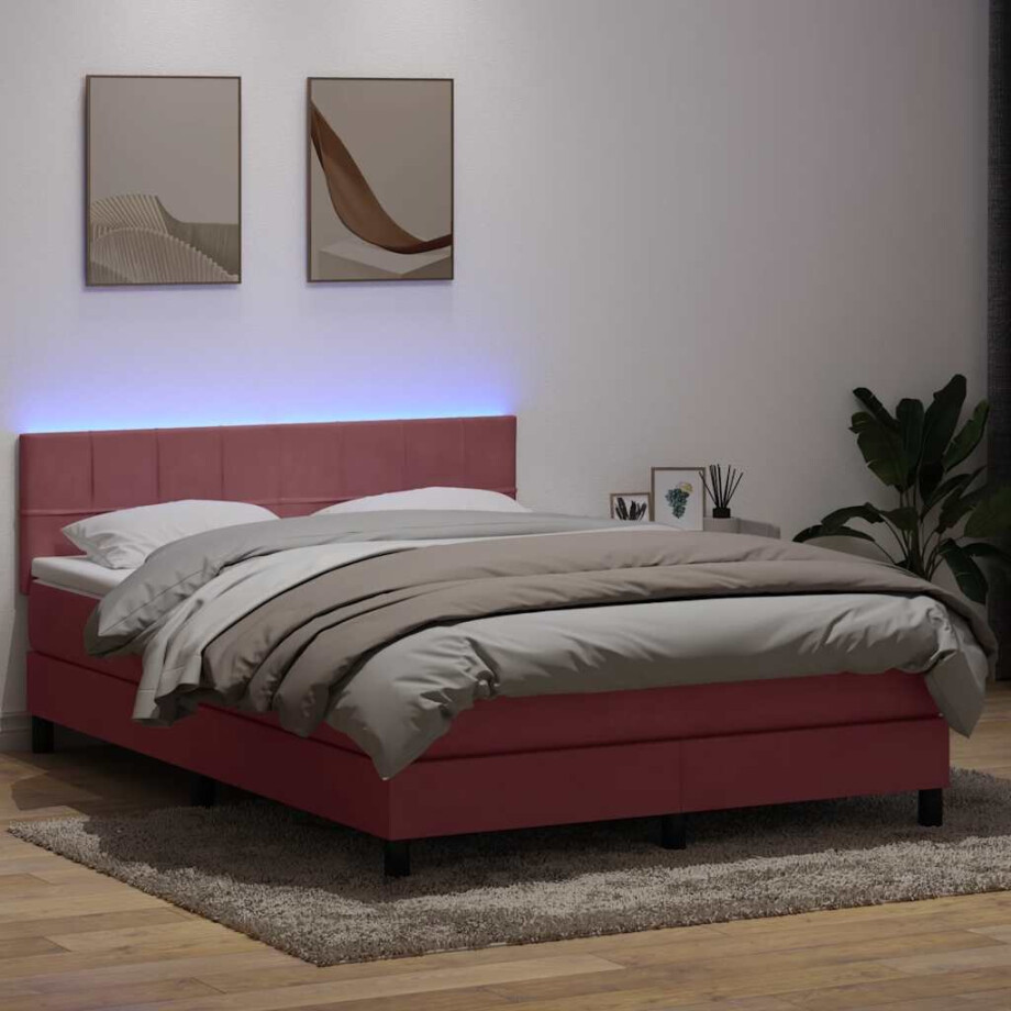 vidaXL Boxspring met matras en LED fluweel roze 140x210 cm afbeelding 1