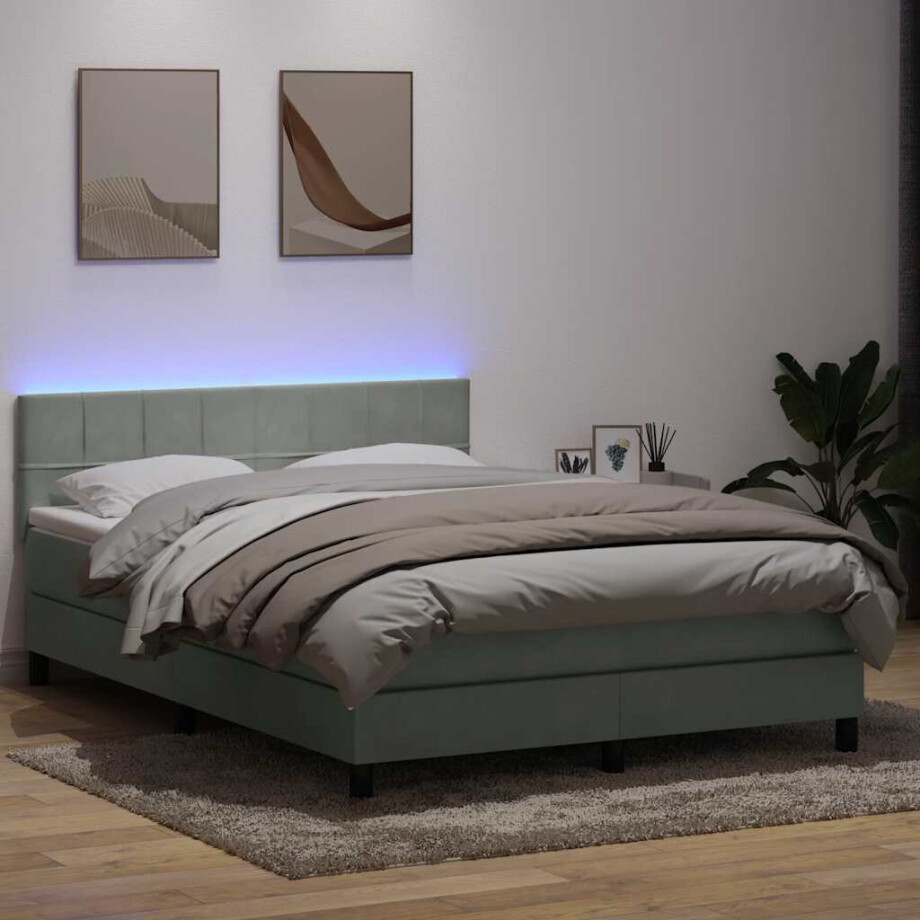 vidaXL Boxspring met matras en LED fluweel lichtgrijs 160x210 cm vidaXL Boxspring met matras en LED fluweel lichtgrijs 160x210 cm afbeelding 1