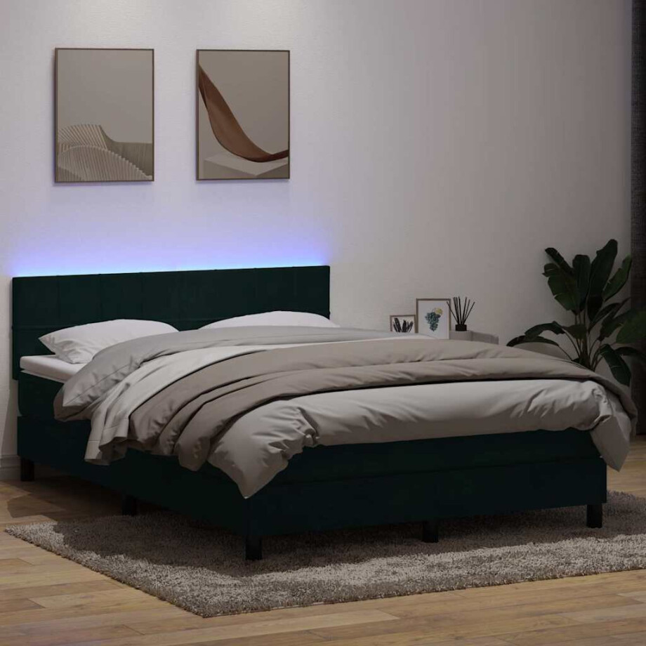 vidaXL Boxspring met matras en LED fluweel donkergroen 160x210 cm vidaXL Boxspring met matras en LED fluweel donkergroen 160x210 cm afbeelding 1