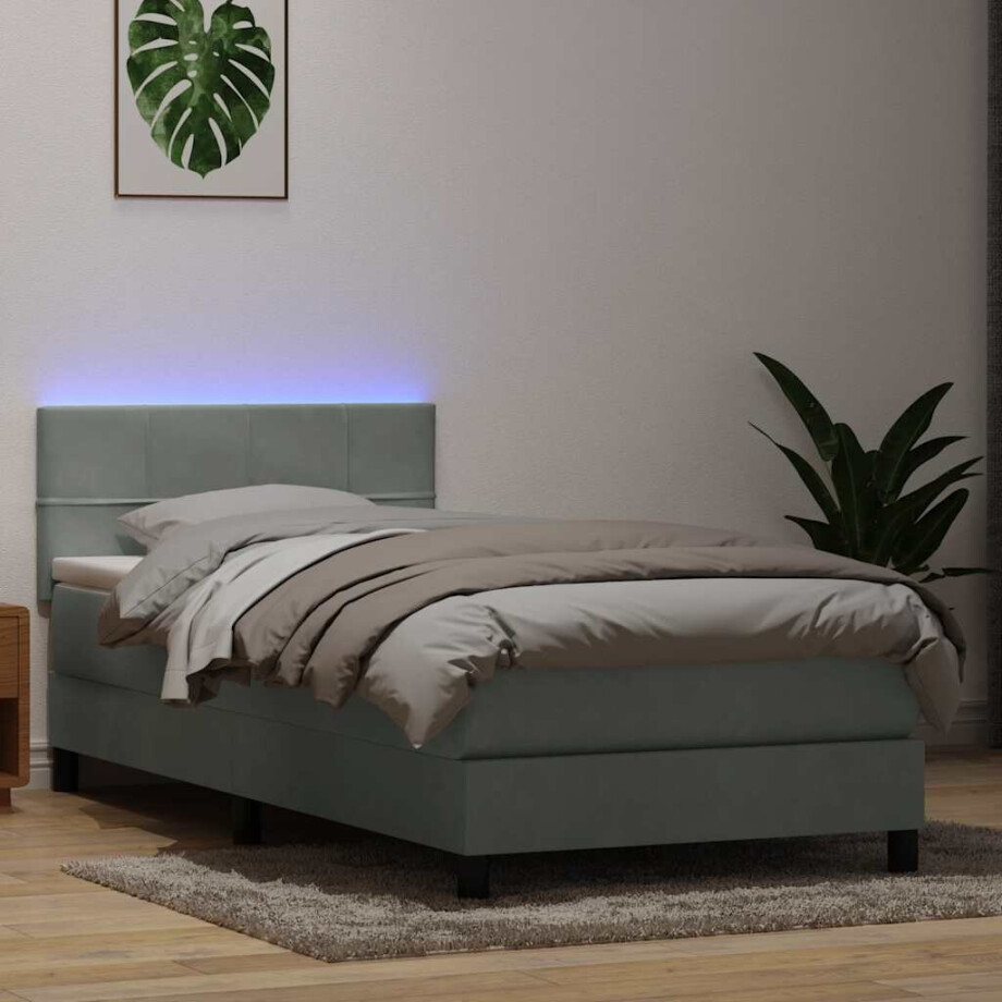 vidaXL Boxspring met matras en LED fluweel lichtgrijs 80x220 cm afbeelding 1