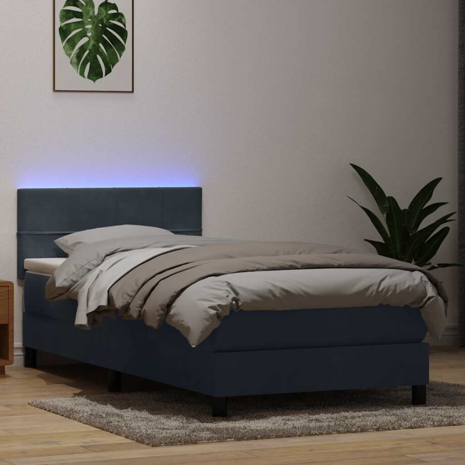 vidaXL Boxspring met matras en LED fluweel donkergrijs 90x220 cm afbeelding 1