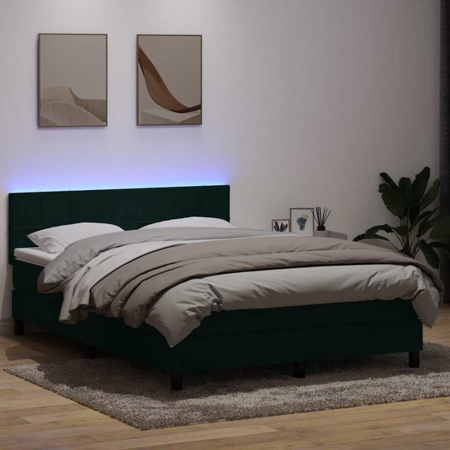 vidaXL Boxspring met matras en LED fluweel donkergroen 160x220 cm afbeelding 1