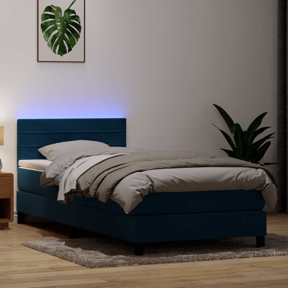 vidaXL Boxspring met matras en LED fluweel donkerblauw 80x210 cm afbeelding 1