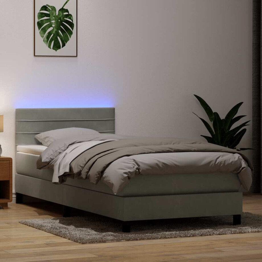 vidaXL Boxspring met matras en LED fluweel lichtgrijs 90x210 cm vidaXL Boxspring met matras en LED fluweel lichtgrijs 90x210 cm afbeelding 1