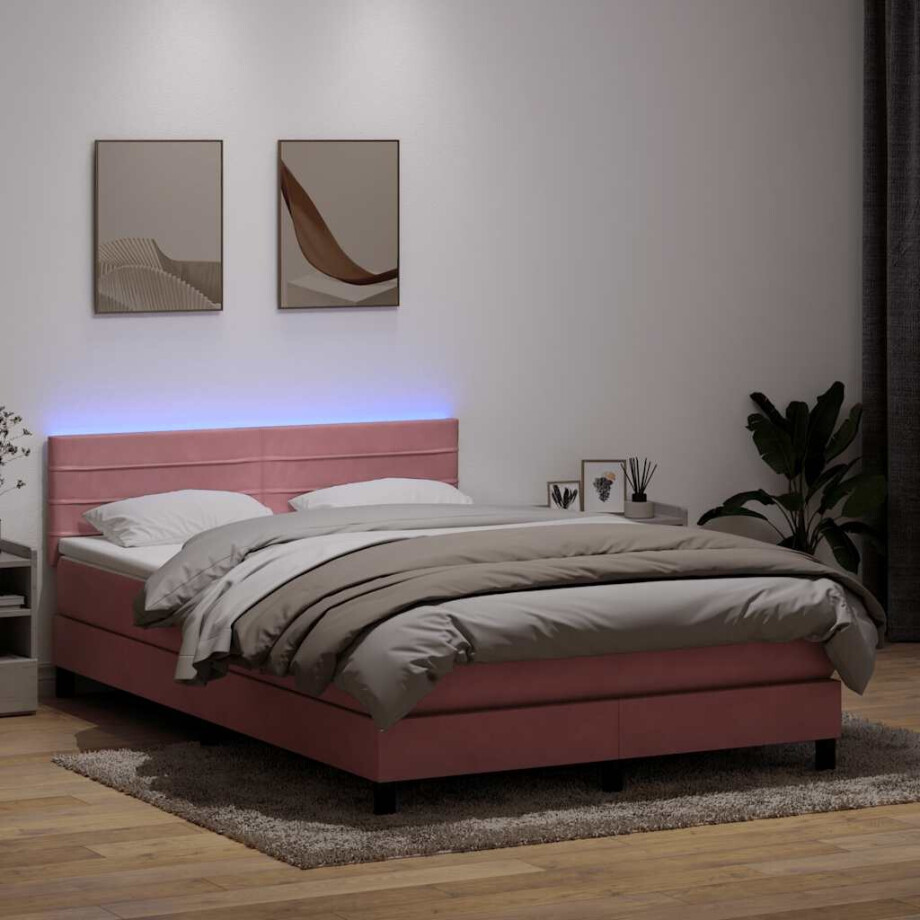 vidaXL Boxspring met matras en LED fluweel roze 140x210 cm afbeelding 1