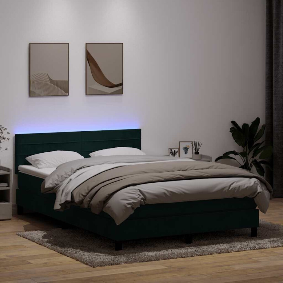 vidaXL Boxspring met matras en LED fluweel donkergroen 160x210 cm afbeelding 1