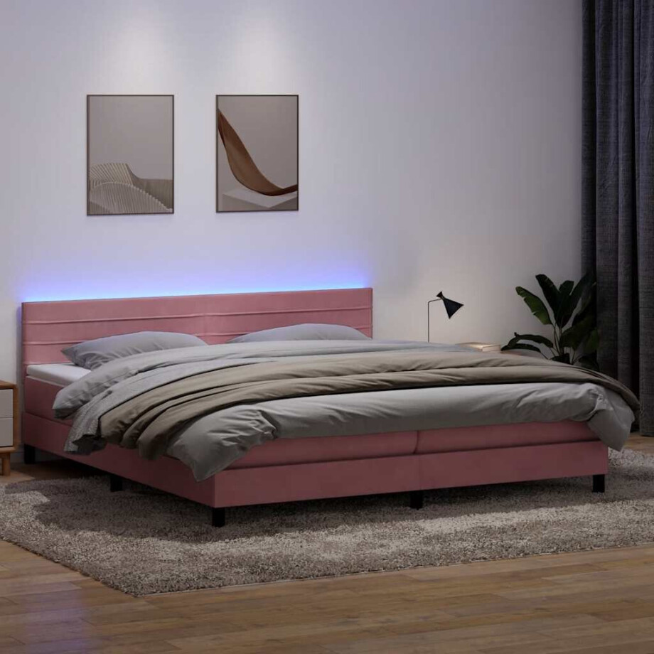 vidaXL Boxspring met matras en LED fluweel roze 180x210 cm afbeelding 1