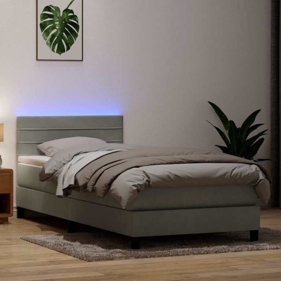 vidaXL Boxspring met matras en LED fluweel lichtgrijs 80x220 cm afbeelding 1