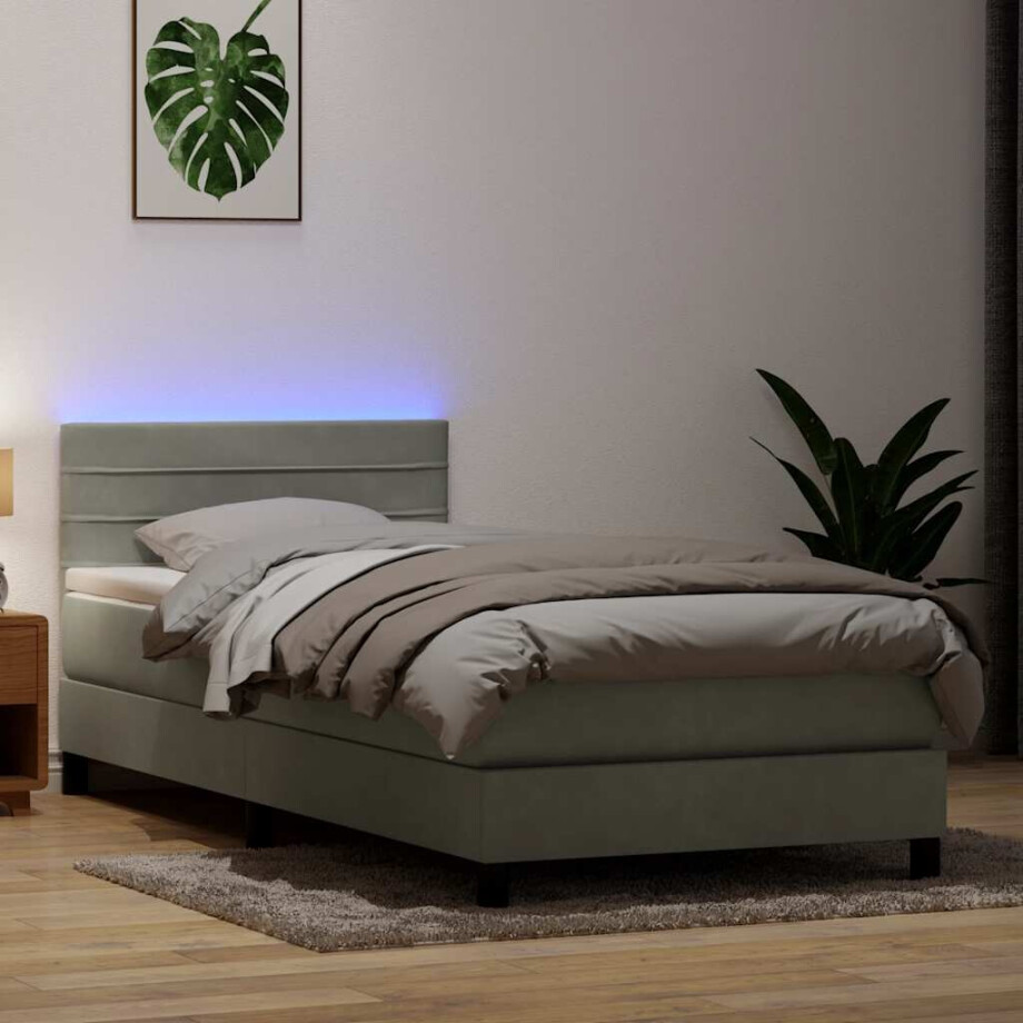 vidaXL Boxspring met matras en LED fluweel lichtgrijs 90x220 cm afbeelding 1